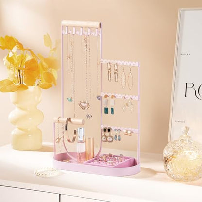 ProCase Jewelry Organizer Tower, 10 Hooks Jewelry Storage Rack Tree Holder Stand with Velvet Ring Display Tray for Necklaces Bracelets Earrings Rings Watches -Pink - color: Pink