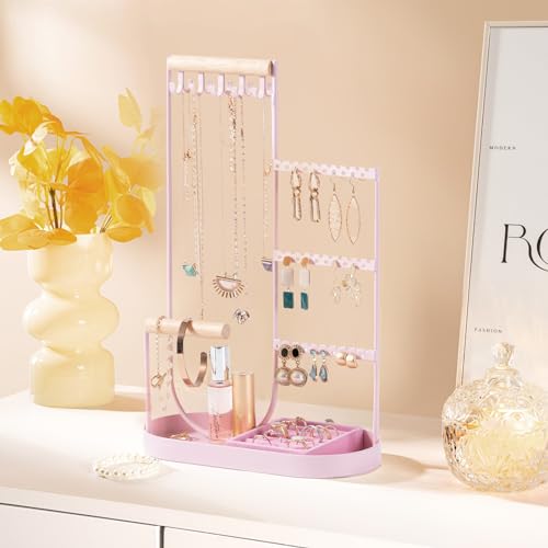 ProCase Jewelry Organizer Tower, 10 Hooks Jewelry Storage Rack Tree Holder Stand with Velvet Ring Display Tray for Necklaces Bracelets Earrings Rings Watches -Pink - color: Pink