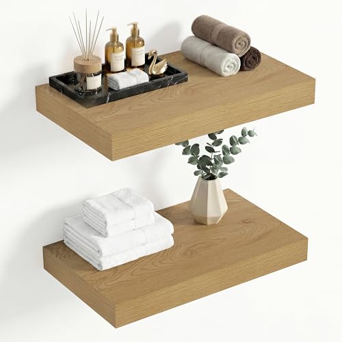 Heimlove 12 Inch Deep Floating Shelves, 16 x 12 inches Long Wall Shelf, Large Extra Display Shelf & Storage Shelf, Rustic Wood Wall Shelves for Fireplace Mantel, Oak - 2Pack - color: Oak, size: 16"W x 12"D x 2"H, Set of 2