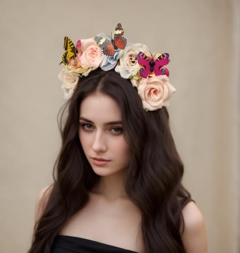 Elegant Butterfly Flower Headband for Women Boho Handmade Rose Floral Crown Wedding Bridal Festivals Cosplay Prom Photo Props Headpiece (A3 blue, Adjustable) - color: A3 blue