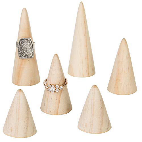 MyGift Wooden Ring Holder Set of 6 - Natural Wood Engagement & Wedding Jewelry Display Cone for Women, Men - Modern Triangular Freestanding Ring Organizer for Vanity, Retail (3 Sizes) - color: Natural Wood