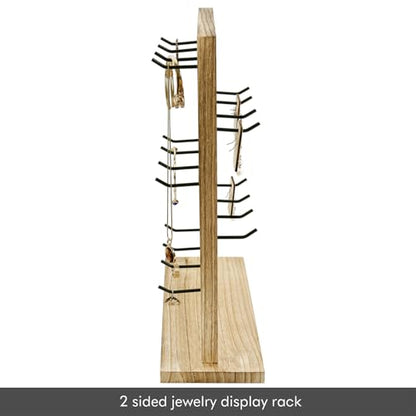 Ikee Design Free Assemble 2 Pcs Set Wooden Jewelry Display Rack with 20 Removable Metal Hooks/Each, Earring Display Holder Stand for Earring,Necklaces,Bracelet, Keychain Stand, Oak Color - color: b) Oak, 2 Pieces
