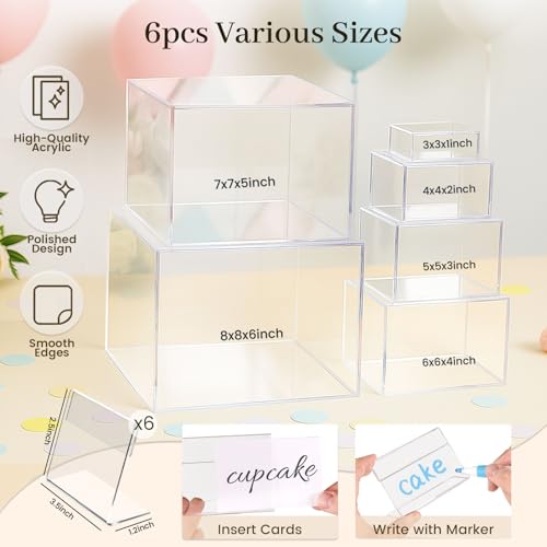 DomeStar 6PCS Clear Buffet Risers with Mini Sign, Food Risers Dessert Table Display Set for Buffet Table Party Catering Cupcake Cake Jewelry, Nesting Boxes for Food Display 8" 7" 6" 5" 4" 3" - color: Transparent