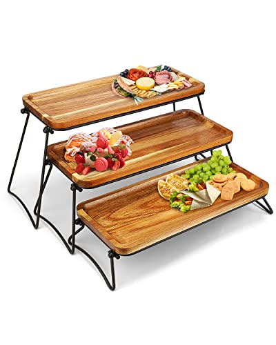 3 Tier Cupcake Stand and Towers Large Serving Tray for Party Acacia Wooden Dessert Table Display Set Decorative Tray Tiered Tray Decor Small Chees Charcuterie Boards Rustic Wood Serving Platters Trays - size: 17" x 24" x 8.8"