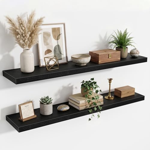 Floating Shelves for Wall,48 Inch Wall Mounted Rustic Wood Shelves,9.3" Deep Wall Shelf with Invisible Brackets,Large Deep Floating Shelf for Bathroom,Bedroom,Living Room,Book/Storage/Decor,Black - color: Black, size: 48 Inch,set of 2