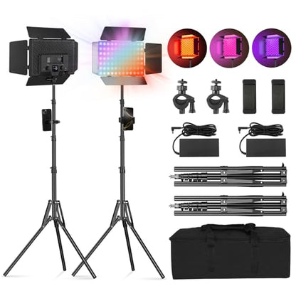 2Pack RGB LED Video Light Kit 12.6in with Barn Door, RGB Photography Light 20W/2500~8500K/14 Effect/2000lux@0.5m LED Panel Light Kit with Light Stand for Gaming Streaming Zoom YouTube Photography