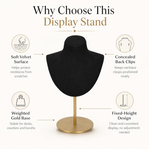 Necklace Display Stand For Selling Velvet Chain Jewelry Bust Holder Organizer With Stainless Steel Stand Jewelry Display - color: Black-7.08in