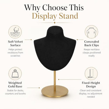 Necklace Display Stand For Selling Velvet Chain Jewelry Bust Holder Organizer With Stainless Steel Stand Jewelry Display - color: Black-7.08in