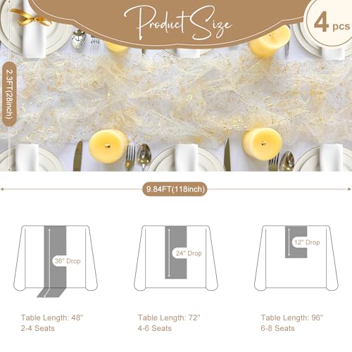 AerWo 4 Pcs Gold Table Runner 10FT, Boho Gold Foil Glitter Sheer Sequin Table Runners 120 Inches Long, Wedding Centerpiece Tables Decorations for Party Supplies Birthday Christmas Runners Decorations - size: 4 Pieces, style: Gold