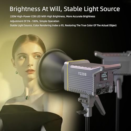 General Bowens Mount LED Video Light 220W Bi-Color 2700K-6500K Continuous Lighting 220W COB Video Light Support 3 Power Supply Methods for Photography and Photo Studio (JC-220W)
