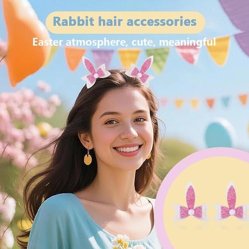 Sparkling Bunny Ear Hair Clips for Girls Kids Toddlers Pink Glitter Rabbit Ear Bow Hairclips for Photo Props Easter Basket Stuffers Hair Accessories Hairpins Barrettes of 2Pcs