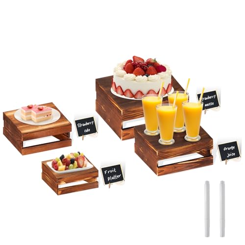 4 Pcs Buffet Risers with Mini Signs, Rustic Wood Cake Stands, Food Risers for Buffet Table, Dessert Display Stand, Wood Crates, Rustic Cake Stand for Party, Wedding, Birthday, Baby Shower, 4 Sizes - color: Rustic Wood, size: 4 Pcs (8.0", 7.0", 6.5", 5.5")