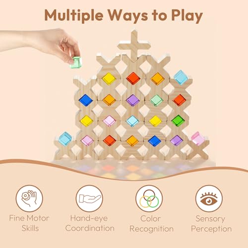 Woodtoe Wooden Building Blocks for Kids, 48 PCS Rainbow Acrylic Gem Cubes Blocks - 32 Wooden Blocks, Montessori Stacking Toy for Toddlers, Educational STEM Learning Sensory Toy Gifts for Boy Girl 3-6 - style: 80 PCS Rainbow Blocks Set