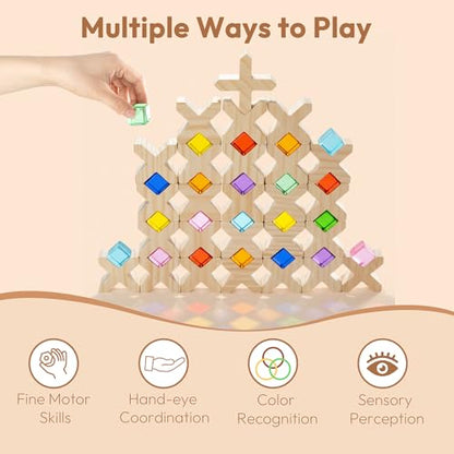 Woodtoe Wooden Building Blocks for Kids, 48 PCS Rainbow Acrylic Gem Cubes Blocks - 32 Wooden Blocks, Montessori Stacking Toy for Toddlers, Educational STEM Learning Sensory Toy Gifts for Boy Girl 3-6 - style: 80 PCS Rainbow Blocks Set