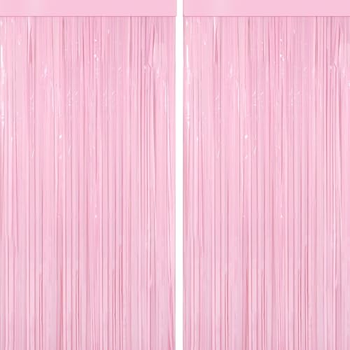4 Packs Pastel Pink Foil Fringe Curtain, Baby Pink Metallic Tinsel Backdrop for Birthday, Wedding, Baby Shower, Princess Bachelorette Cowgirl Bow Party Decorations Supplies - color: Macaron Pink