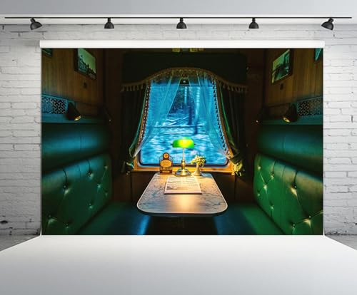 12x10ft Luxury Vintage Train Interior Backdrop Retro Train First-Class Carriage Green Sofa Background for Theme Party Decor Kids Adults Artistic Portrait Photo Studio Props - size: 12x10ft