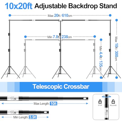 FUDESY 10x20ft Backdrop Stand Heavy Duty Adjustable Photography Background Support System with Angle Rotatable Connector, Spring Clamps, Sandbags, Ring Clips, Carry Bag for Photo Video Studio, Wedding
