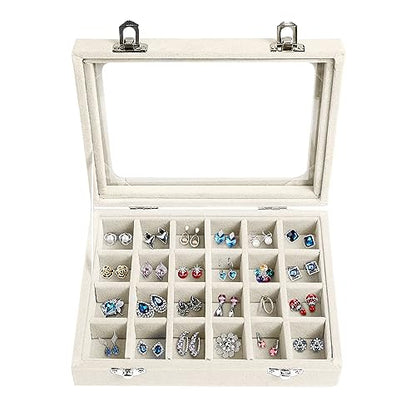 Velvet Jewelry Box 24 Grid Jewelry Earrings Display Organiser Box Ring Tray Holder Earrings Storage Case for Girls Women Wife Mom (Beige) - color: Beige