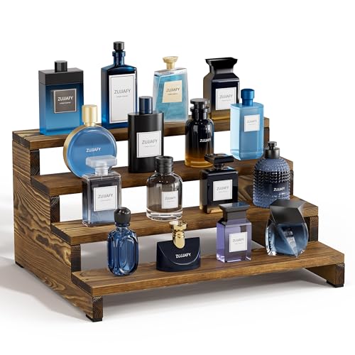 ZUJJAFY Cologne Organizer for Men, 4 Tier Wooden Cologne Stand Mens Fragrance Shelf, Tiered Wood Risers Display Stands for Perfume, Cupcake, Figures, Dessert - color: Carbonized