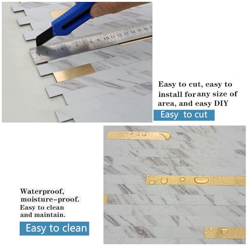 10-Sheet Peel and Stick Backsplash Tile, PVC Mixed Metal Stick on Backsplash Tiles for Kitchen (White Marble + Gold-2, 10) - color: White Marble + Gold-2, size: 10