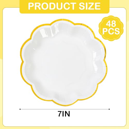 AimFun White Golden Party Plates Gold Foil Dessert Paper Plate 7inch Scalloped Edge Disposable Cake Plates for Tea Party Birthday Bridal Baby Shower Wedding Party Supplies (48, White) - color: White