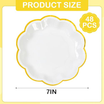 AimFun White Golden Party Plates Gold Foil Dessert Paper Plate 7inch Scalloped Edge Disposable Cake Plates for Tea Party Birthday Bridal Baby Shower Wedding Party Supplies (48, White) - color: White