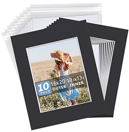 Somime 10 Pack Black Picture Mat Set, Acid Free Picture Mat 16x20 for 11x14 Photo with White Core Bevel Cut for Prints, Paintings - Includes Precut Mats, Backing Boards and Plastic Sleeves - size: black 10pc sets 16x20