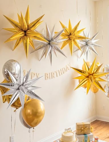 74 PCS Gold Silver Star Balloons Foil, 26 Inch Large Explosion Cone Balloons, 12 Spike Mylar Balloon for Birthday Anniversary Wedding Baby Shower Party Decorations - color: Gold, Silver, 26 Inch