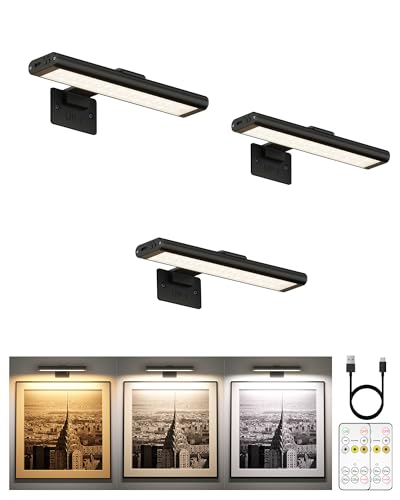 EZVALO Picture Light for Wall, Rechargeable 2400mAh Battery Lights Wireless with IR Remote, 3 Color & Dimmable Magnetic 7.8'' LED Lights Display for Painting, Living Room, Gallery, Bedroom(Black-3P) - color: Black, size: 3Pack-7.8in