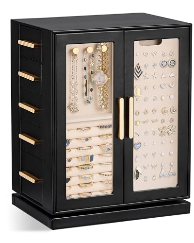 Lolalet Rotating 360° Jewelry Box, Clear Window Jewellery Storage for Earrings Bracelets Necklaces Rings, Large Vertical Organizer for Women, Valentine's Day Gift -Black - color: Black
