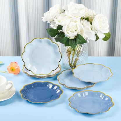 AimFun 48 Pcs Dusty Blue Party Plates Gradient Blue Dessert Paper Plates 7inch Gold Foil Scalloped Edge Disposable Cake Plates for Tea Party Birthday Bridal Baby Shower Wedding Party Supplies - color: Dusty Blue