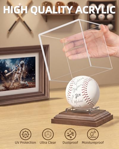 Baseball Display Case for Balls Walnut Wood Base Acrylic Baseball Holder Display Case Uv Protection Baseball Cube Box Stand Memorabilia Autograph Ball, Ideal Gift for Official Size Ball Display