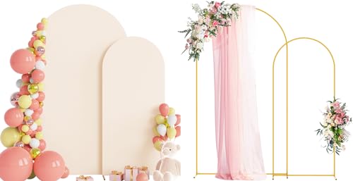 Wokceer Wedding Arch Backdrop Stand and Cover Set of 2 Metal Arch Stand with Arch Cover Beige 7.2FT, 6FT for Birthday Party Wedding Ceremony Bridal Baby Shower Event Decor - color: Beige
