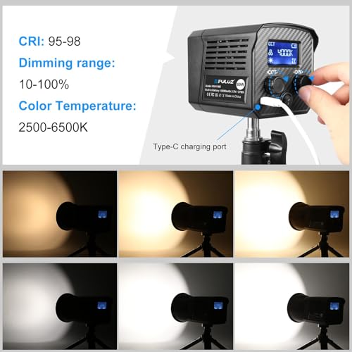 60W LED Video Light, PULUZ 2500K-6500K Dual Color Temp, 13000Lux CRI 95+ COB Fill Light with 10000mAh Rechargeable Battery & 8 Effects for Vlogging/Live Stream/Outdoor Shooting