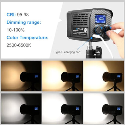 60W LED Video Light, PULUZ 2500K-6500K Dual Color Temp, 13000Lux CRI 95+ COB Fill Light with 10000mAh Rechargeable Battery & 8 Effects for Vlogging/Live Stream/Outdoor Shooting