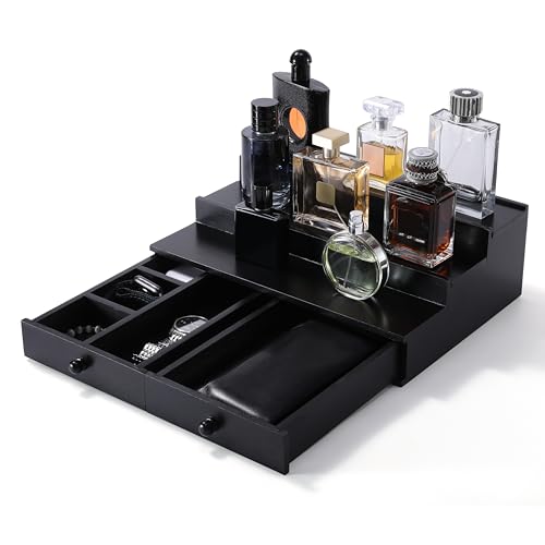 Boulphia Cologne Organizer for Men, 3-Tier Cologne Stand with Drawer and Hidden Compartment, Wooden Cologne Shelf for Perfume Display Holder, Great Gift for Men, Black - color: Black