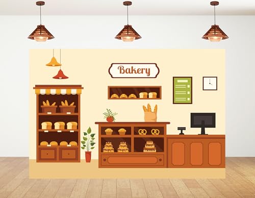10x5ft Cartoon Bakery Shop Counter Backdrop Hanging Lamp Bread Shelf Photography Background Warm Inviting Baking Party Home Decor Photo Booth Decorations Banner Photo Studio Props - size: 10x5ft