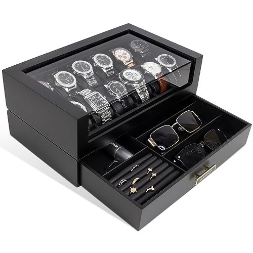 High End Watch Box for Men, 12 Slot Wooden Watch Case With Drawer, Watch Display Box with Glass Lid, 2-Layer Watch Holder for Jewelry and Watch Storage for Men Women , Ideal for Gift (With Gift Box) - color: Black