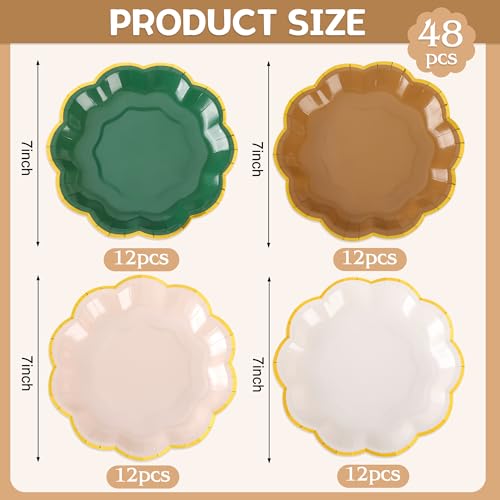 AimFun 48Pcs Woodland Scalloped Party Plates 7 Inch Sage Green Brown Disposable Dessert Plates Gold Foil Border Paper Plates for Birthday Baby Shower Wedding Forest Themed Party Supplies - color: Sage Brown