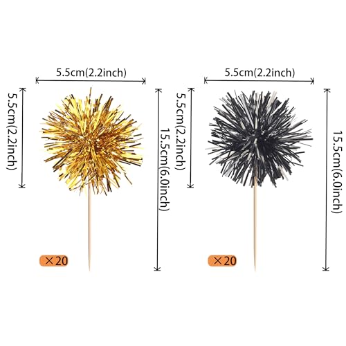 40 PCS Foil Firework Cupcake Toppers Sparkle Tinsel Cupcake Picks Fireworks Birthday Party Decorations Cocktail Fruit Toothpick for Birthday Wedding Graduation Party Decorations Supplies Black Gold - color: Z-black Gold