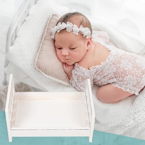 Cabilock Newborn Photography Prop Bed, Handcrafted Rustic Wooden Baby Photo Bed, Detachable Studio Photoshoot Props, 16. 53 X 11. 22 X 8. 46 Inches, White - color: White