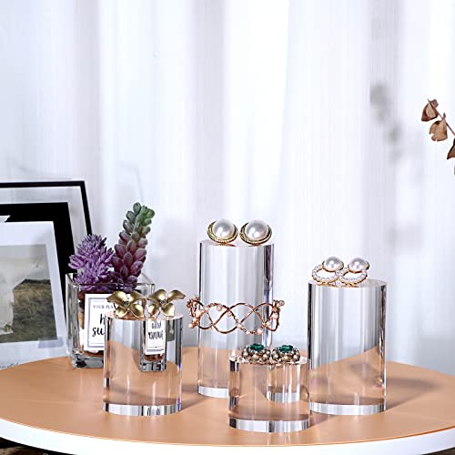 Hipiwe 4-Pack Acrylic Display Risers Figures Display Stand Holder Clear Cylinder Tabletop Jewelry Perfume Showcase Organizer for Geodes Rock Small Collectibles Display Blocks