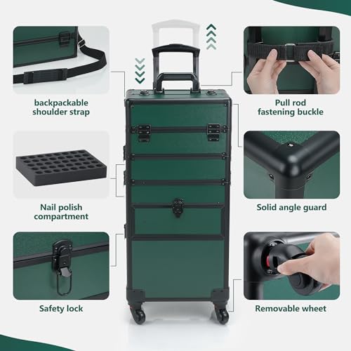 Somduy Rolling Makeup Case with Drawer, Makeup Train Case, 4 in 1Cosmetology Case on Wheels, Christmas Gift, Large Makeup Case Organizers, Profesional Cosmetic Case for Salon Barber, Green - color: Green