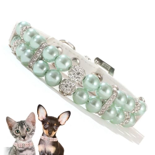 Green Pearl Kitten Collar, Fancy Crystal Bling Dog Pearl Collar Rhinestone Luxury Beaded Puppy Necklace Diamond Girl Cat Jewelry for XXS XS Small Medium Female Pet Dogs, XXSmall - color: Green, size: XXS(Neck 6-8")Tag XS
