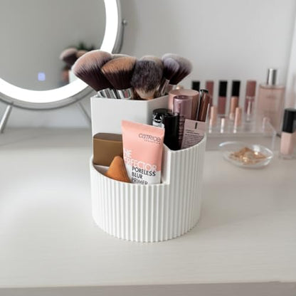 Vanity Makeup Organizer, White, 3-Compartment Brush Holder and Cosmetic Storage Cup, Modern Ribbed Design for Bathroom Countertop