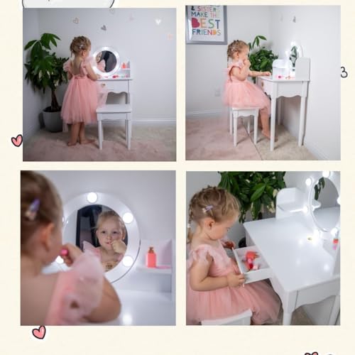 UTEX Kids Vanity, Girls Vanity Set with Mirror and Stool and Lights, Kids Vanity Table and Chair Set,Wooden Princess Makeup Desk Dressing Table, White - style: Golden Heart with LED Blubs