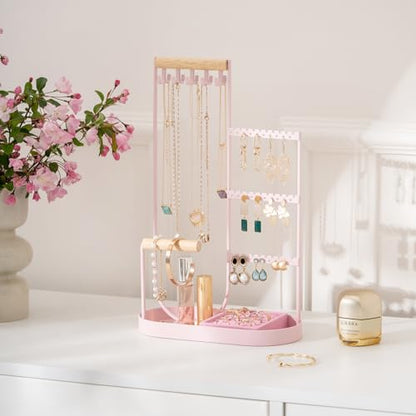 ProCase Jewelry Organizer Tower, 10 Hooks Jewelry Storage Rack Tree Holder Stand with Velvet Ring Display Tray for Necklaces Bracelets Earrings Rings Watches -Pink - color: Pink