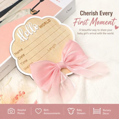 Flower-Shaped Newborn Announcement Sign for Baby Girl, Wooden Hello World Birth Stats Board with Pink Bow, Hospital Photo Prop, Baby Name Keepsake - color: Pink Bow