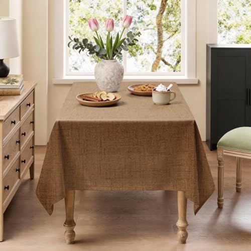 Natural Linen Rectangle Tablecloth, Slubby Textured Fall Lightweight Table Cloth 60 x 102 Inch, Water Resistant Stain Resistant Farmhouse Burlap Table Cover for Kitchen Dining Room, Brown - color: Brown, size: 102" x 60" (Rectangular) (1 Pack)