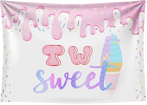 7x5Ft Two Sweet Ice Cream Backdrop Two Sweet 2nd Birthday Background Sweet Summer Girls Birthday Baby Shower Decorations Banner Photo Booth Props - color: Ice cream Backdrop 2